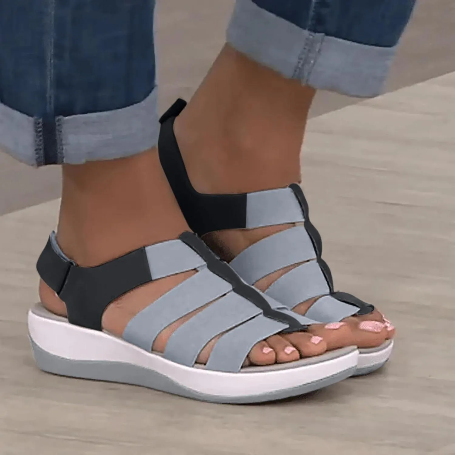 oiangi Comfortable Wedges Sandals for Women Platform Slipper Summer Casual Round Toe Open Toe Straps Hook and Loop Sandals Lightweight Outdoor Shoes