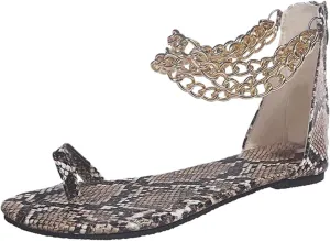 oiangi Toe Ring Sandals for Women Flat Summer Casual Metal Chain Ankle Straps Back Zipper Open Toe Sandals Comfy Snake Print Ladies Shoes Flip Flops