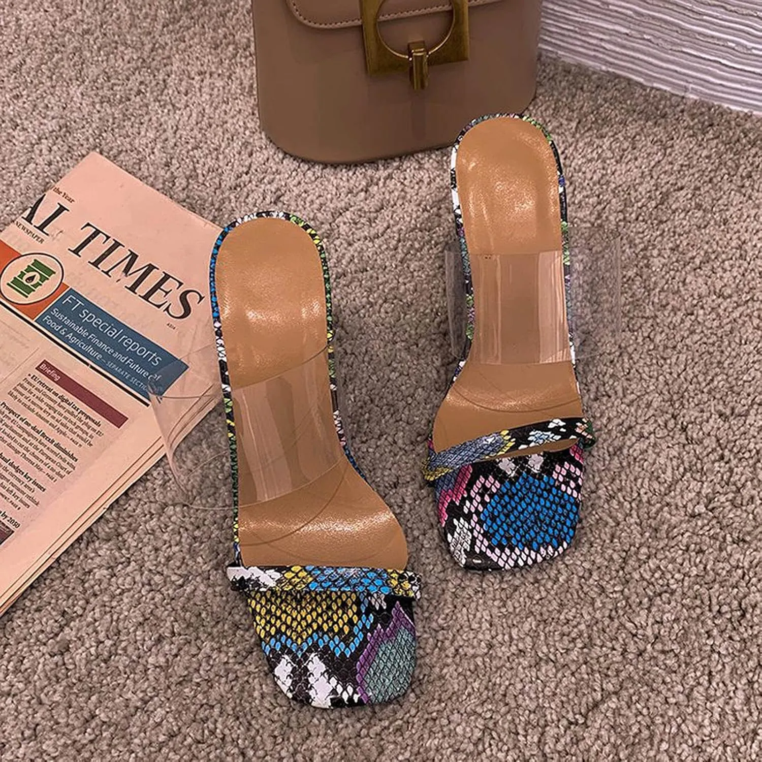 oiangi Womens Clear Straps Chunky Sandals Summer Casual Square Toe Double Strap Open Toe Slip-on Thick Heel High Heels Slipper Comfy Trendy Ladies Shoes