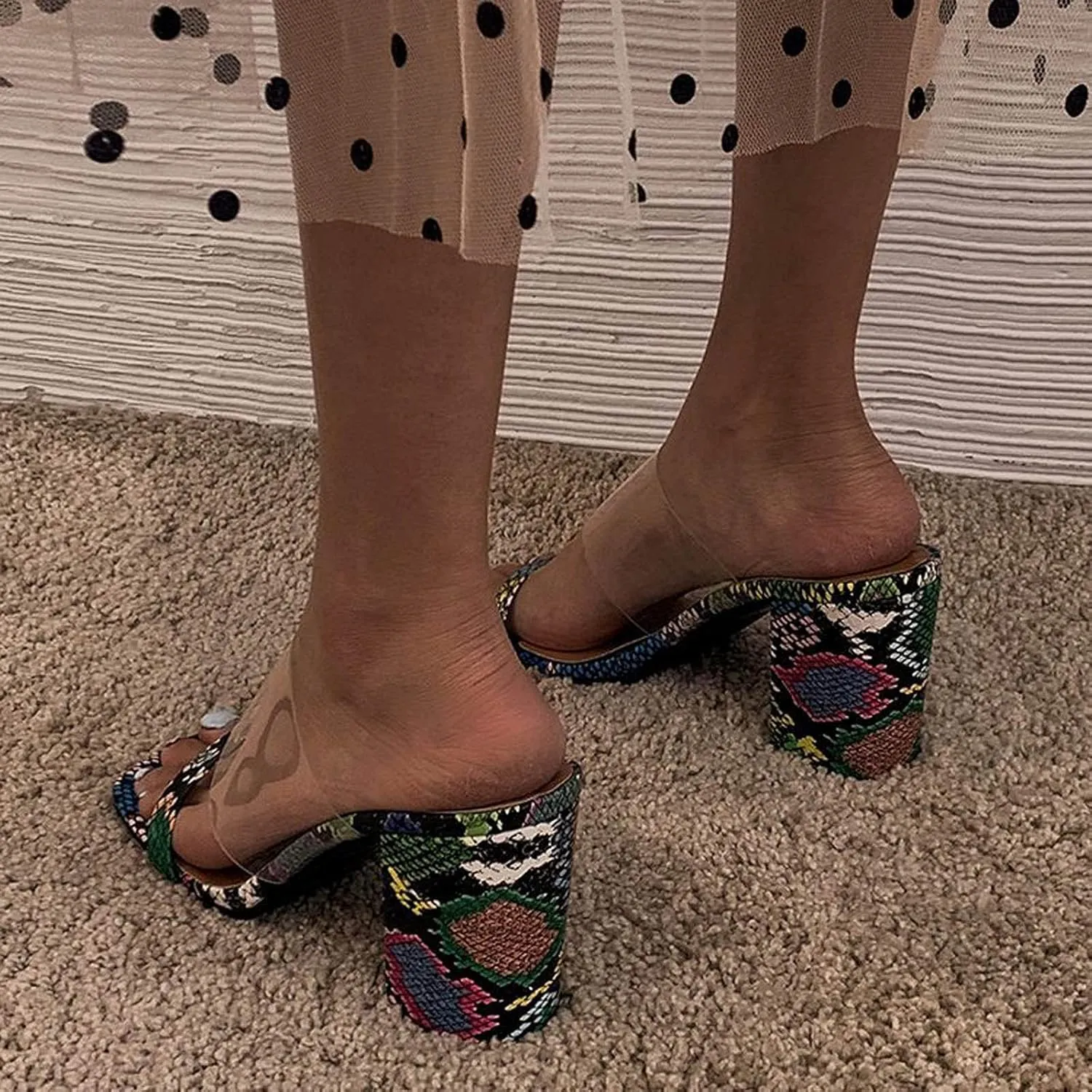 oiangi Womens Clear Straps Chunky Sandals Summer Casual Square Toe Double Strap Open Toe Slip-on Thick Heel High Heels Slipper Comfy Trendy Ladies Shoes
