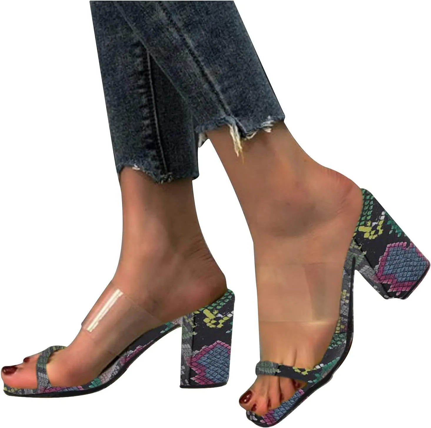 oiangi Womens Clear Straps Chunky Sandals Summer Casual Square Toe Double Strap Open Toe Slip-on Thick Heel High Heels Slipper Comfy Trendy Ladies Shoes