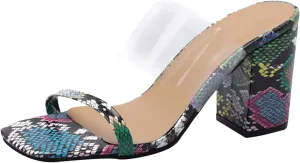oiangi Womens Clear Straps Chunky Sandals Summer Casual Square Toe Double Strap Open Toe Slip-on Thick Heel High Heels Slipper Comfy Trendy Ladies Shoes