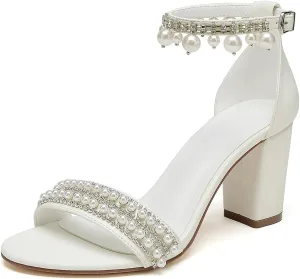 Open Toe Pearl High Heels Sandals Wedding Shoes for Bride Chunky Block Heels with Bow Bridal Shoes for Women Strappy Ankle Strap Sandals Pumps