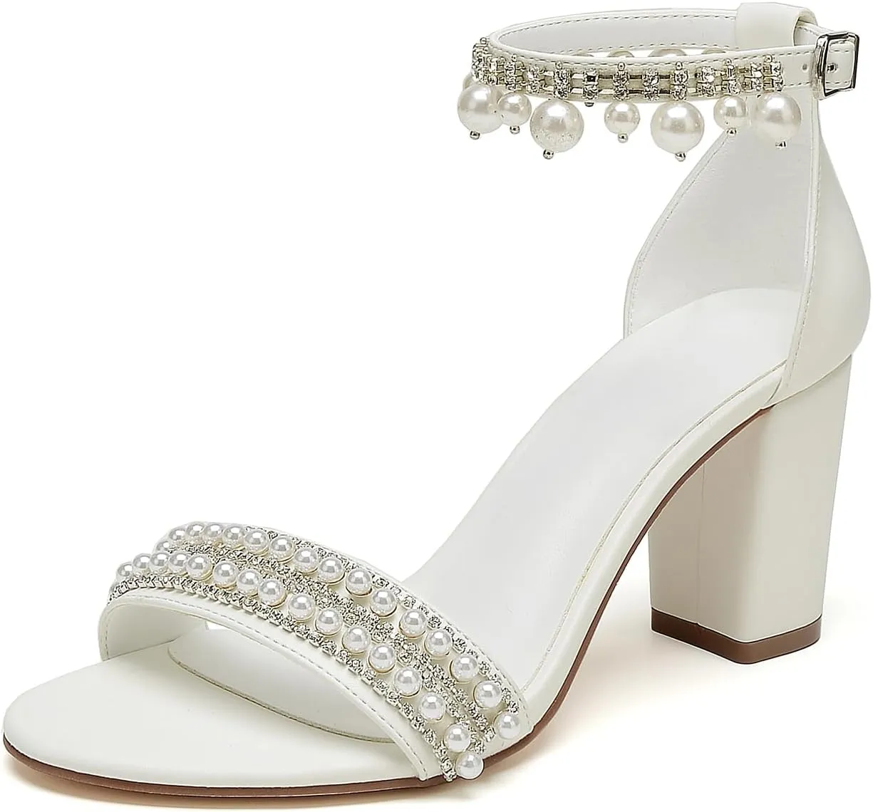 Open Toe Pearl High Heels Sandals Wedding Shoes for Bride Chunky Block Heels with Bow Bridal Shoes for Women Strappy Ankle Strap Sandals Pumps