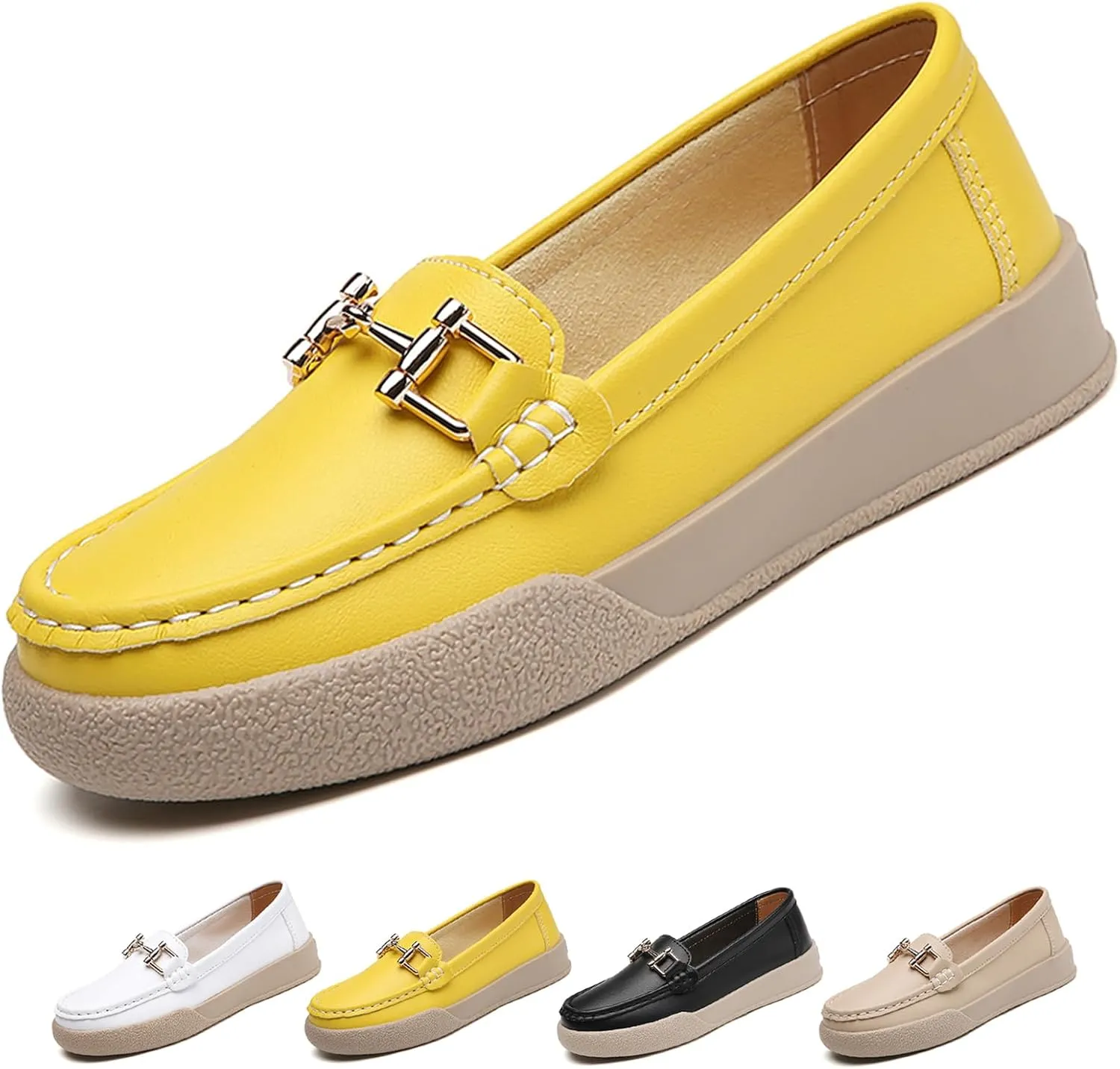 Optigard Women's Leather Flat Penny Loafers Platform Lightweight Comfort Wide Slip On Non-Slip Walking Work Shoes Fashion Moccasin Dress Shoes
