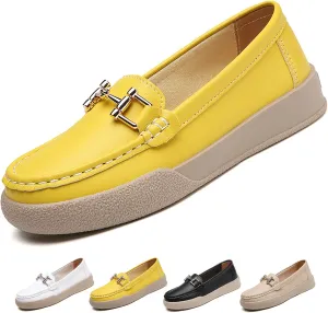 Optigard Women's Leather Flat Penny Loafers Platform Lightweight Comfort Wide Slip On Non-Slip Walking Work Shoes Fashion Moccasin Dress Shoes