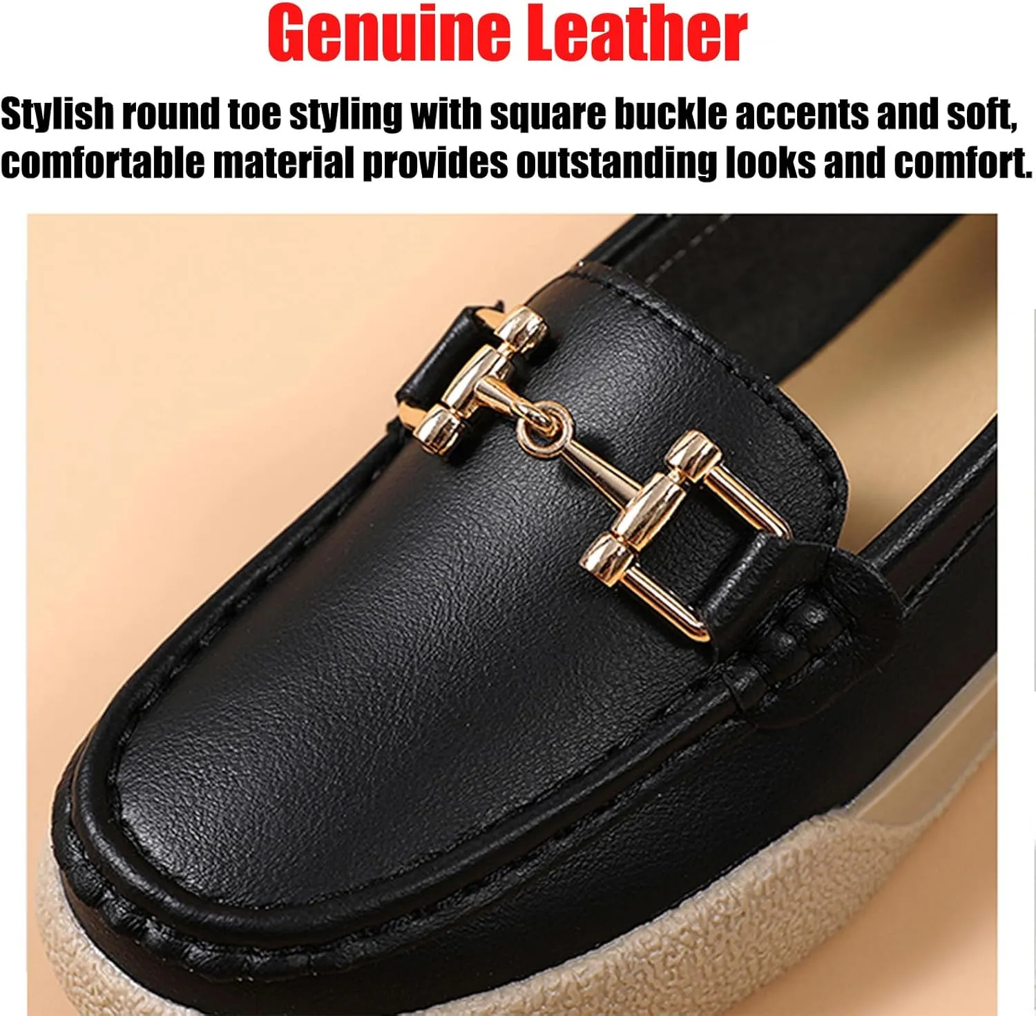Optigard Women's Leather Flat Penny Loafers Platform Lightweight Comfort Wide Slip On Non-Slip Walking Work Shoes Fashion Moccasin Dress Shoes