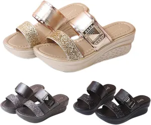 ORNVEION Womens Rhinestone Sequin Wedge Platform Sandals Orthotic Arch Support Silppers,Two Strap Slip-On Open-Toe Beach Casual Slippers