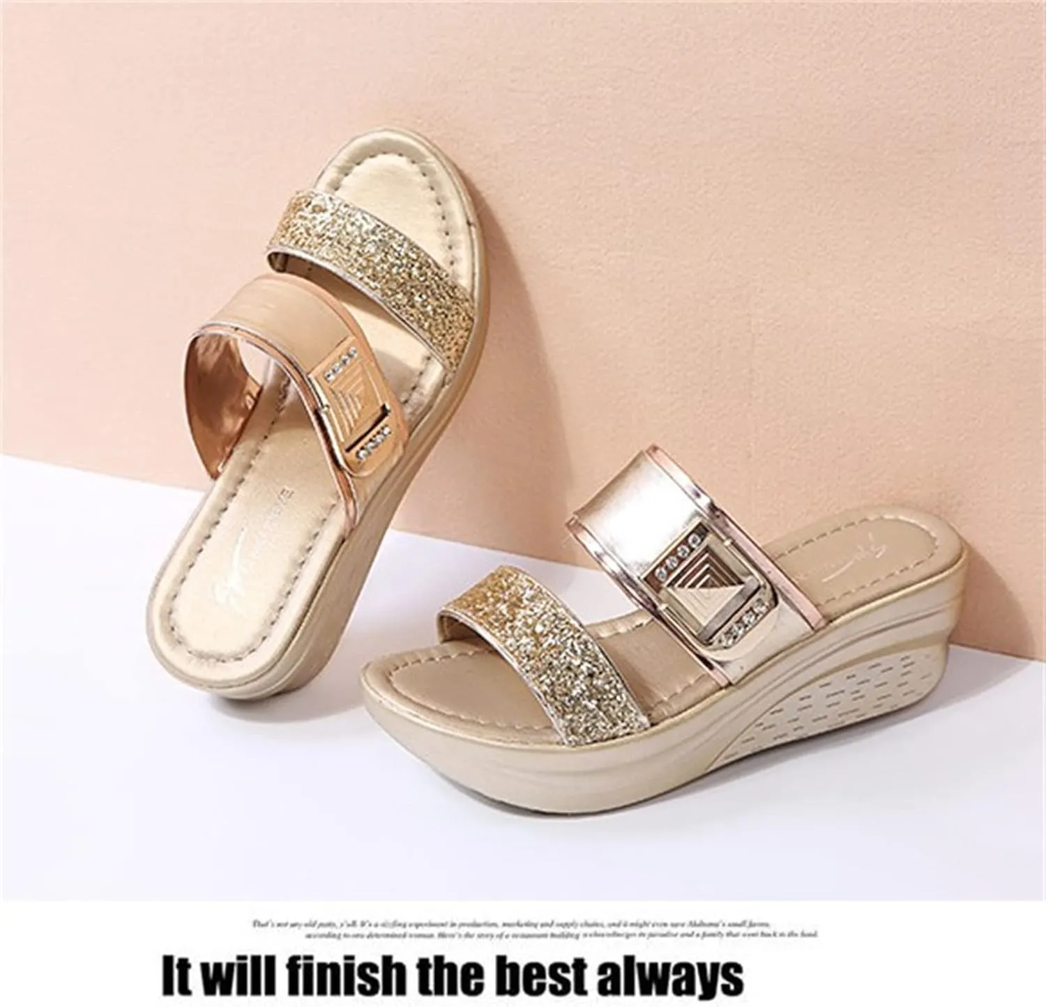 ORNVEION Womens Rhinestone Sequin Wedge Platform Sandals Orthotic Arch Support Silppers,Two Strap Slip-On Open-Toe Beach Casual Slippers