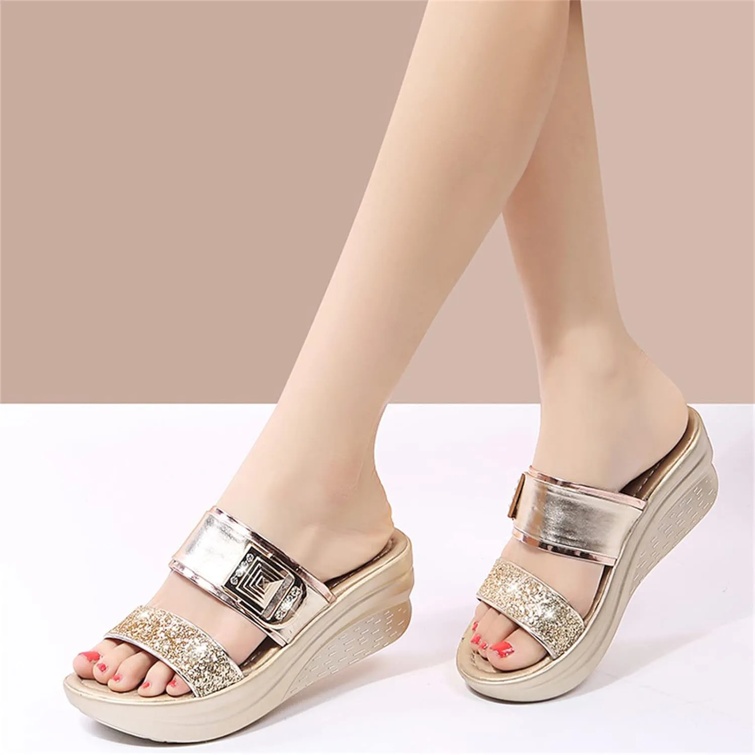 ORNVEION Womens Rhinestone Sequin Wedge Platform Sandals Orthotic Arch Support Silppers,Two Strap Slip-On Open-Toe Beach Casual Slippers