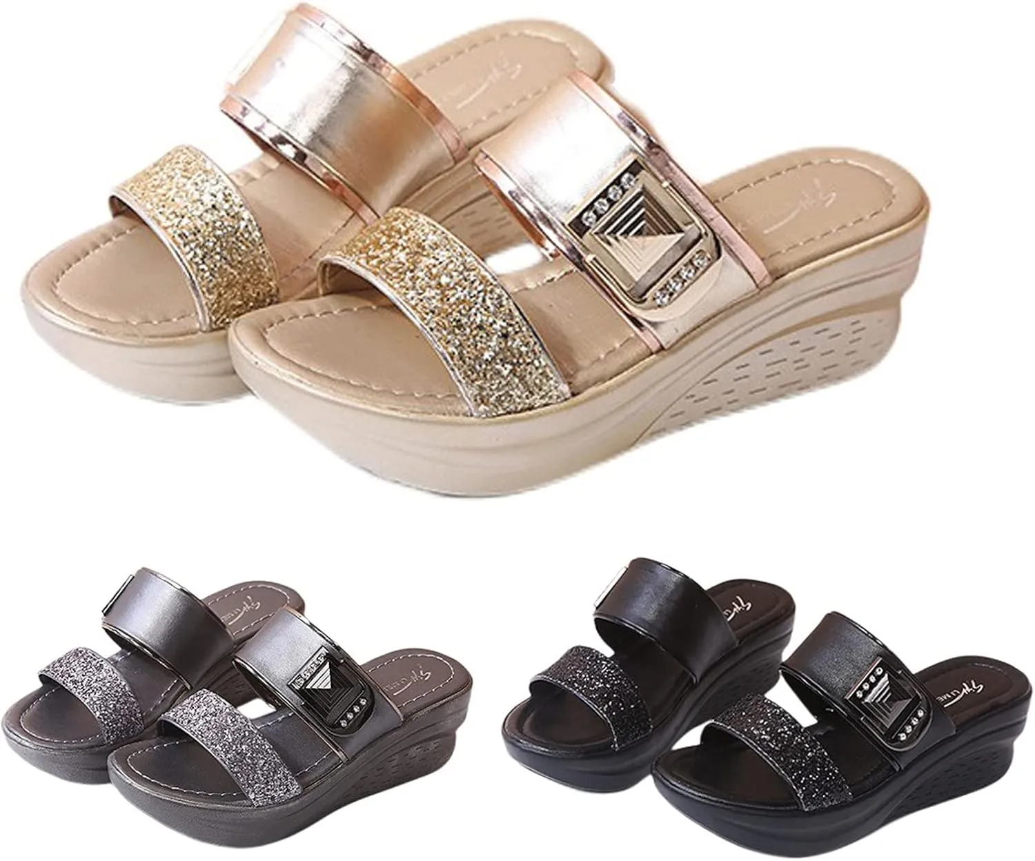 ORNVEION Womens Rhinestone Sequin Wedge Platform Sandals Orthotic Arch Support Silppers,Two Strap Slip-On Open-Toe Beach Casual Slippers