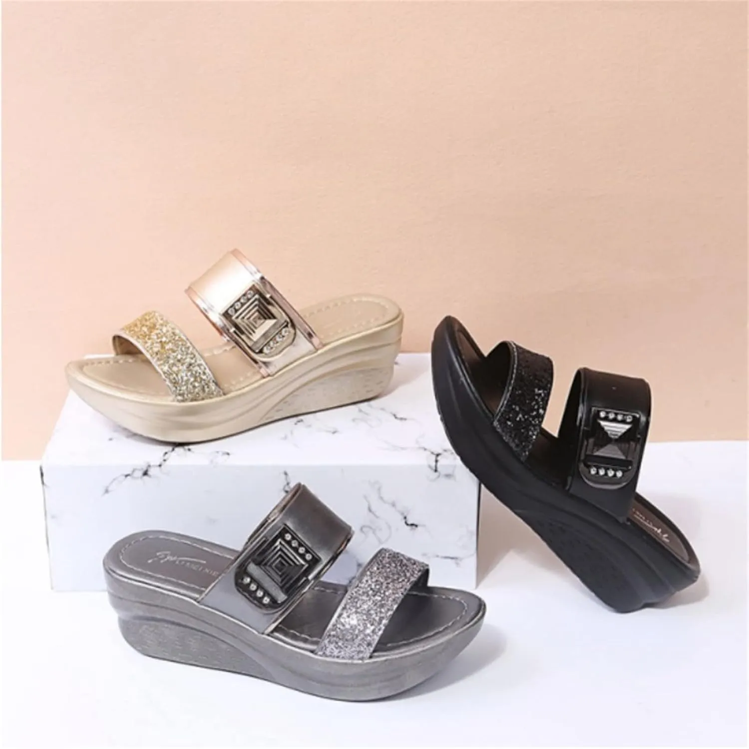 ORNVEION Womens Rhinestone Sequin Wedge Platform Sandals Orthotic Arch Support Silppers,Two Strap Slip-On Open-Toe Beach Casual Slippers
