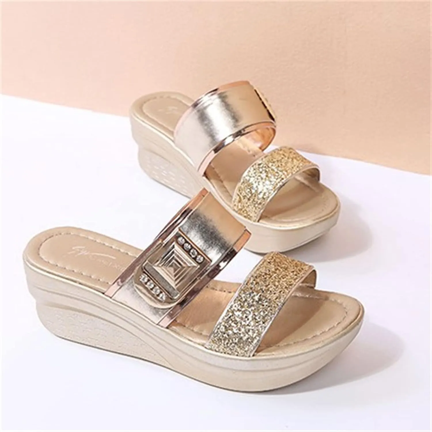 ORNVEION Womens Rhinestone Sequin Wedge Platform Sandals Orthotic Arch Support Silppers,Two Strap Slip-On Open-Toe Beach Casual Slippers