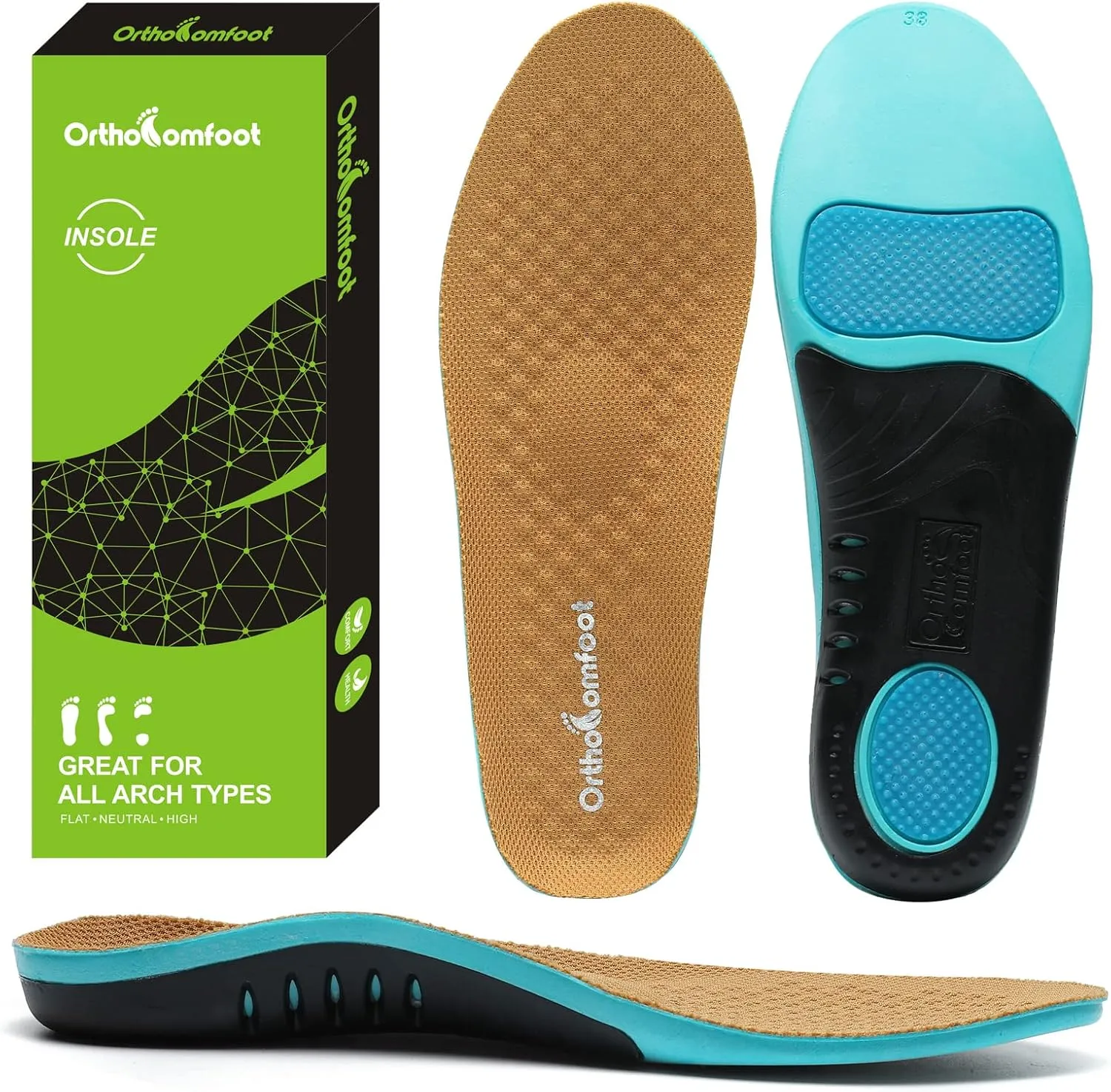 OrthoComfoot Plantar Fasciitis Shoe Insoles, Arch Support Insoles for Women & Men, 220  lbs Heavy Duty, Athletic Gel Shoe Inserts, Pain Relief & Comfort, High Arch Support, Size Options Available