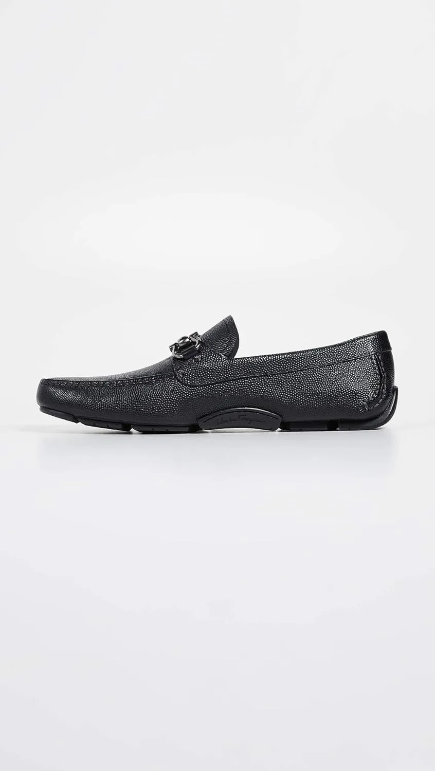 Parigi D(Medium) Gancini Black Pebble Leather Driver Loafers Shoes (Salvatore