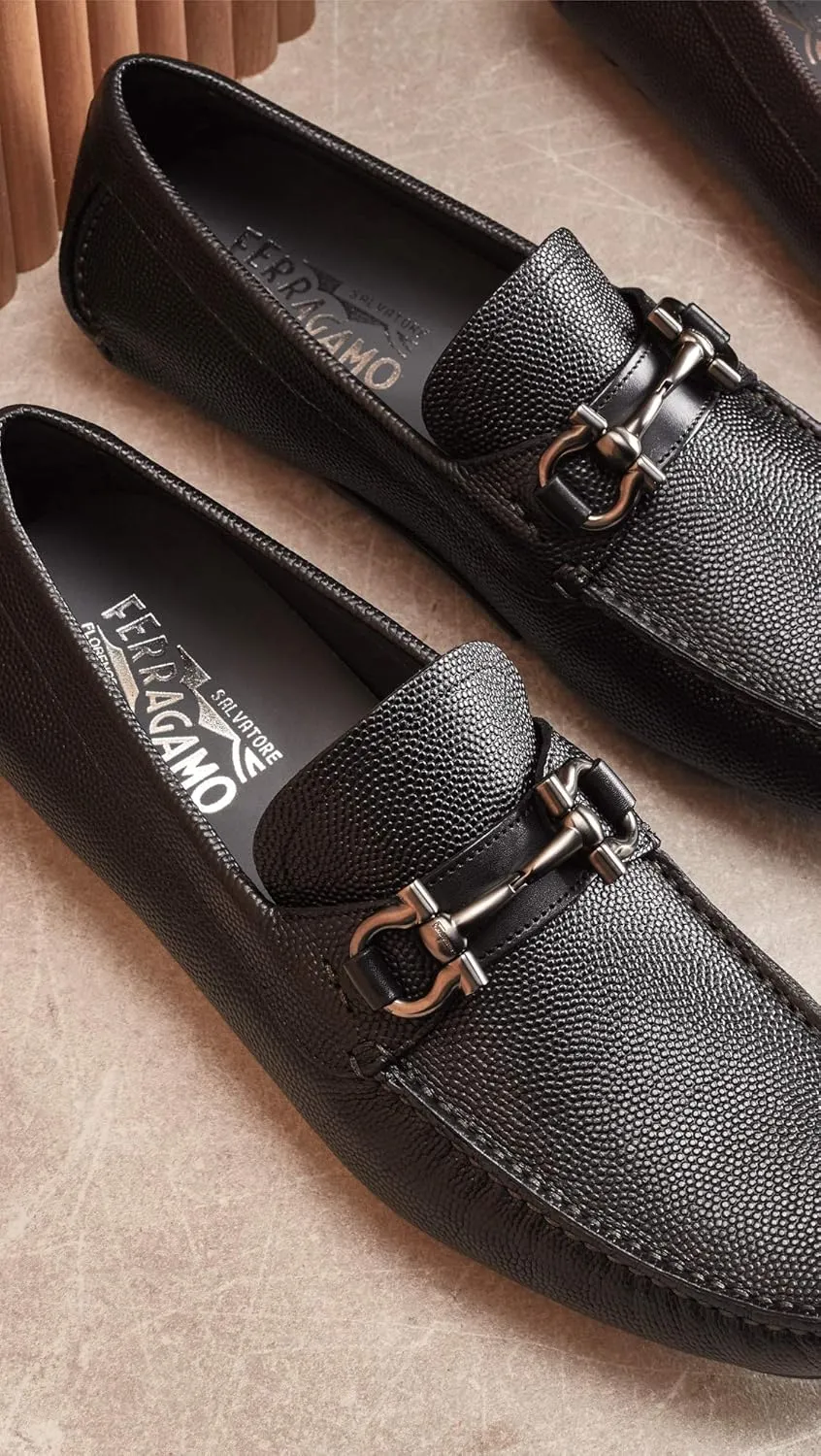 Parigi D(Medium) Gancini Black Pebble Leather Driver Loafers Shoes (Salvatore
