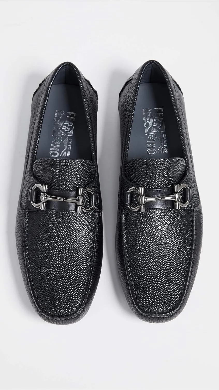 Parigi D(Medium) Gancini Black Pebble Leather Driver Loafers Shoes (Salvatore
