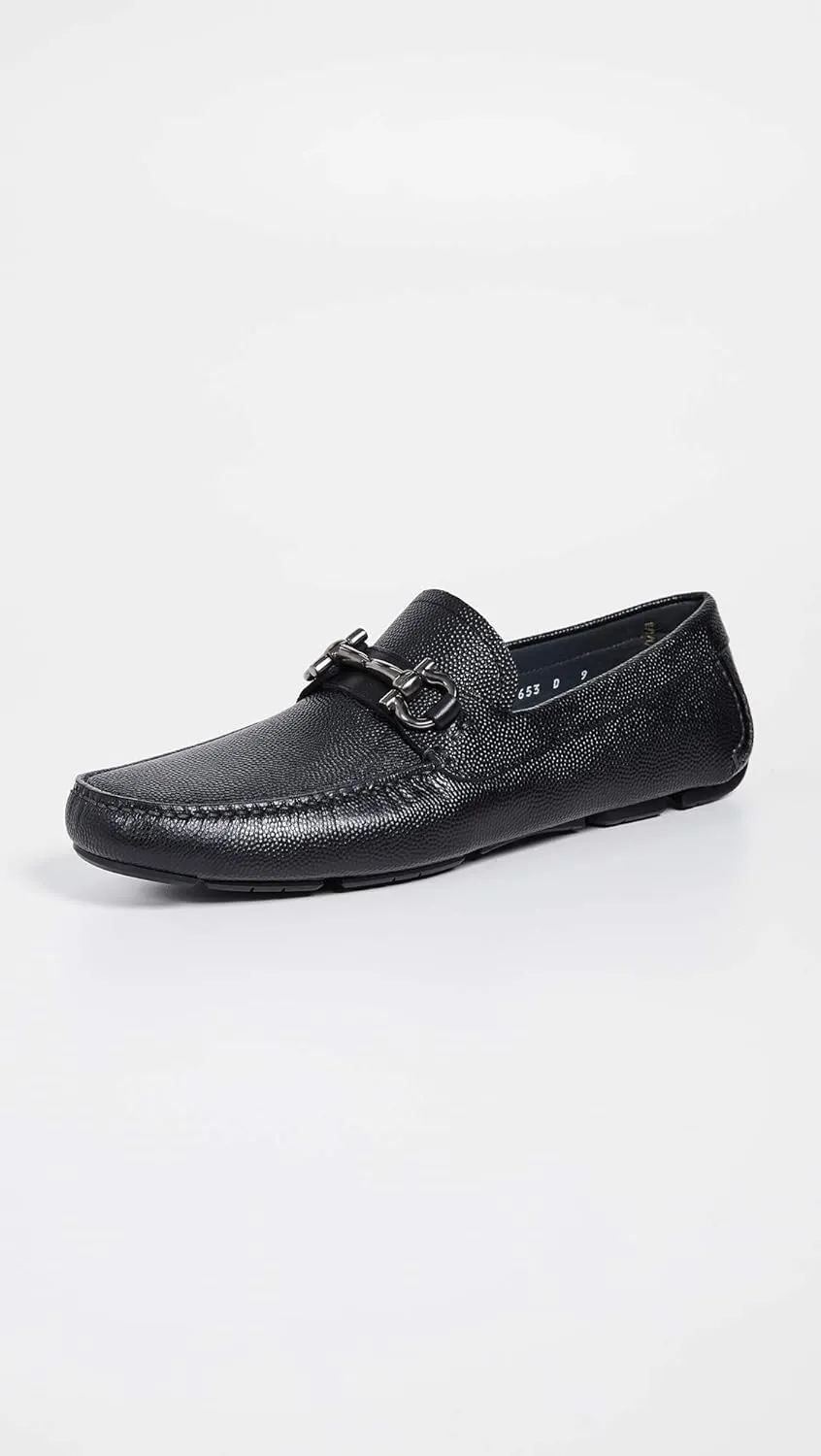 Parigi D(Medium) Gancini Black Pebble Leather Driver Loafers Shoes (Salvatore