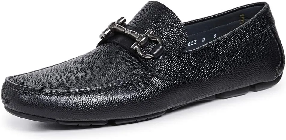 Parigi D(Medium) Gancini Black Pebble Leather Driver Loafers Shoes (Salvatore