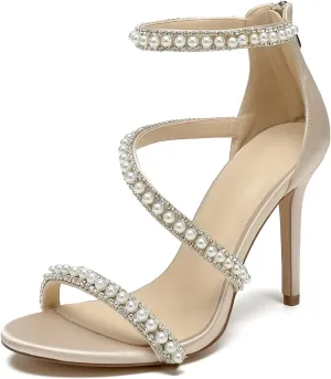 Pearl Heels Sandals Stiletto Heels Open Toe High Heel Sandals Pump Shoes for Women Bride Wedding Party Evening Heels