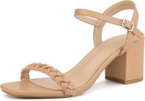 Perphy Square Toe Heels Woven Braided Chunky Heel Sandals for Women
