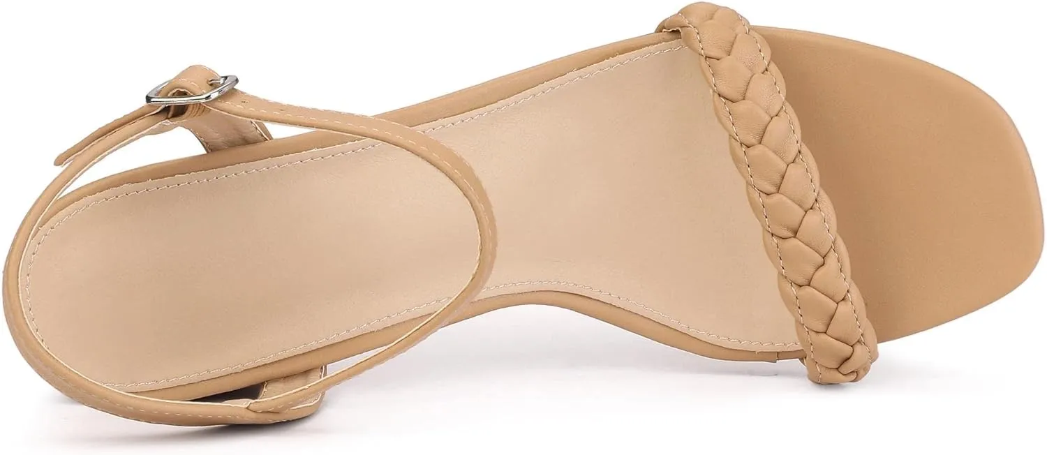 Perphy Square Toe Heels Woven Braided Chunky Heel Sandals for Women