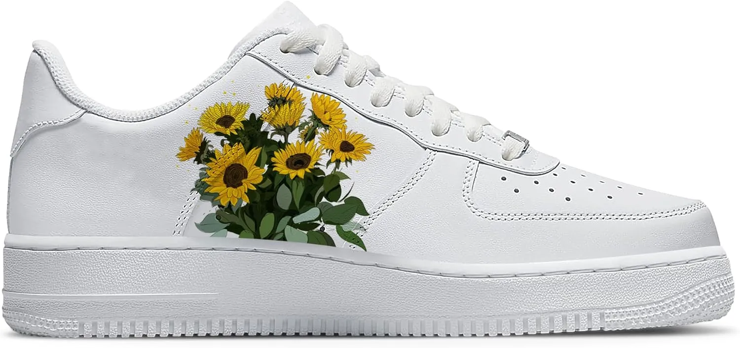 Personalized Sunflower Basketball Shoes - Custom Name Classic Lace Up Low-Top Fashion Sneakers for Men and Women, Breathable Anti-Slip Outdoor Training Shoes - Unique Floral Design