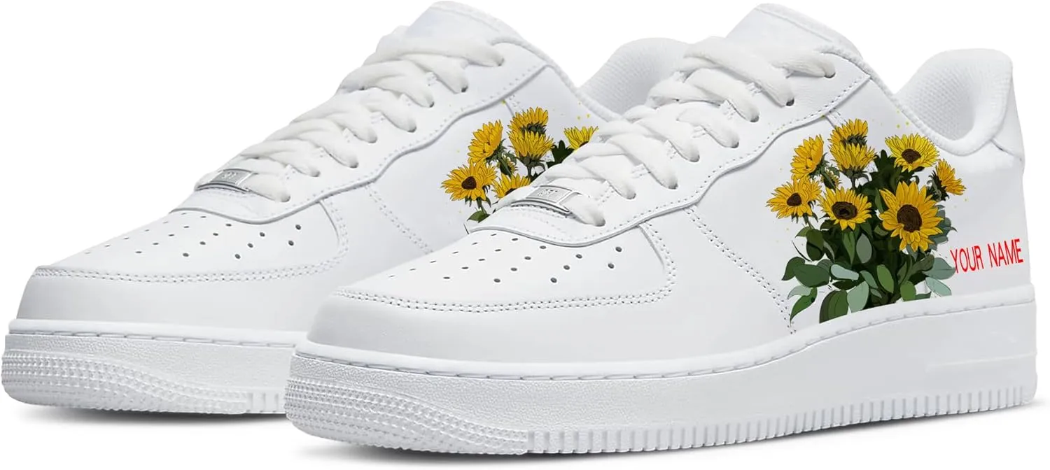Personalized Sunflower Basketball Shoes - Custom Name Classic Lace Up Low-Top Fashion Sneakers for Men and Women, Breathable Anti-Slip Outdoor Training Shoes - Unique Floral Design