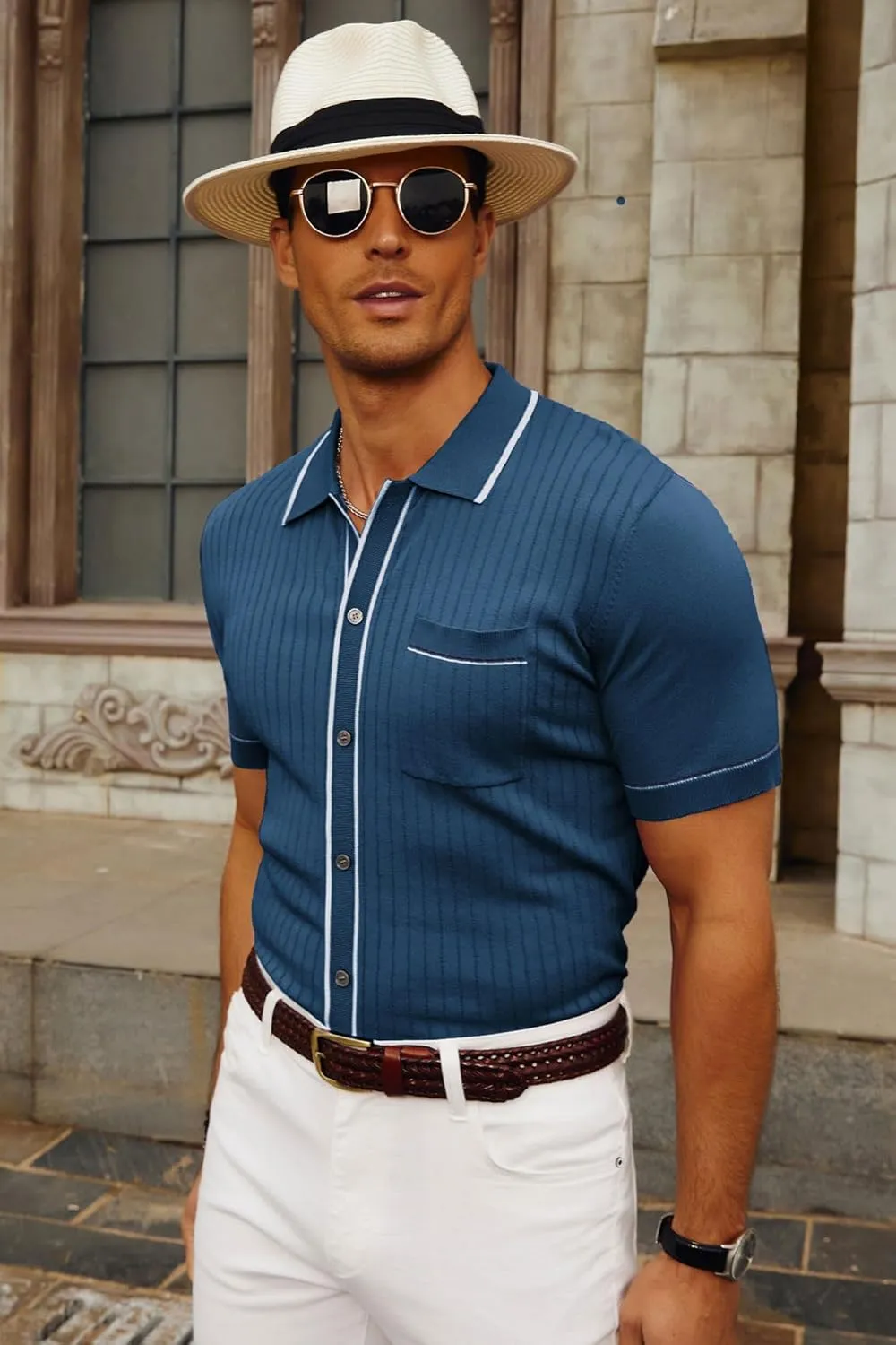 PJ PAUL JONES Mens Knit Shirts Vintage Retro Short Sleeve Button Down Vacation Polo Shirts
