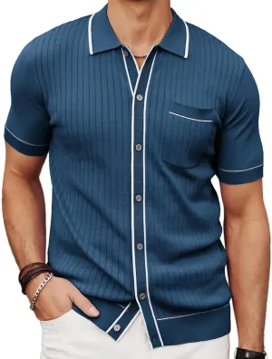 PJ PAUL JONES Mens Knit Shirts Vintage Retro Short Sleeve Button Down Vacation Polo Shirts