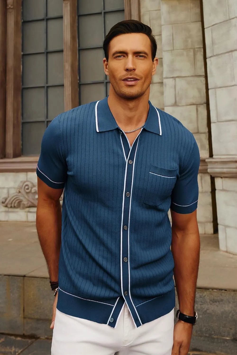PJ PAUL JONES Mens Knit Shirts Vintage Retro Short Sleeve Button Down Vacation Polo Shirts