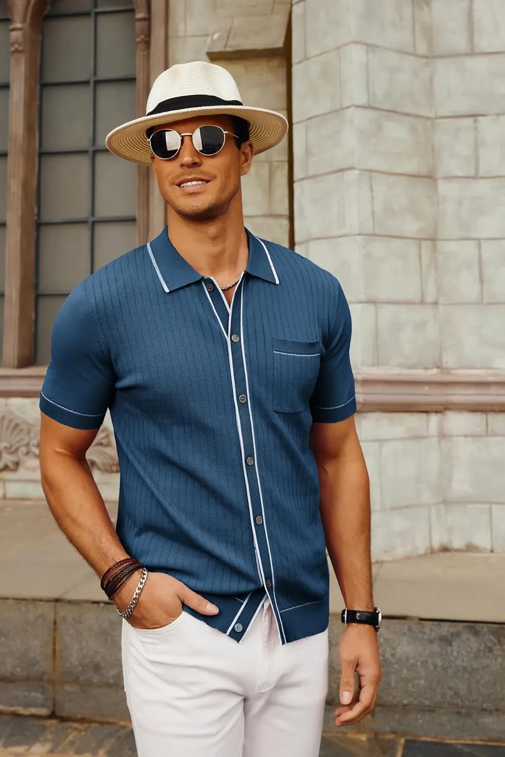 PJ PAUL JONES Mens Knit Shirts Vintage Retro Short Sleeve Button Down Vacation Polo Shirts