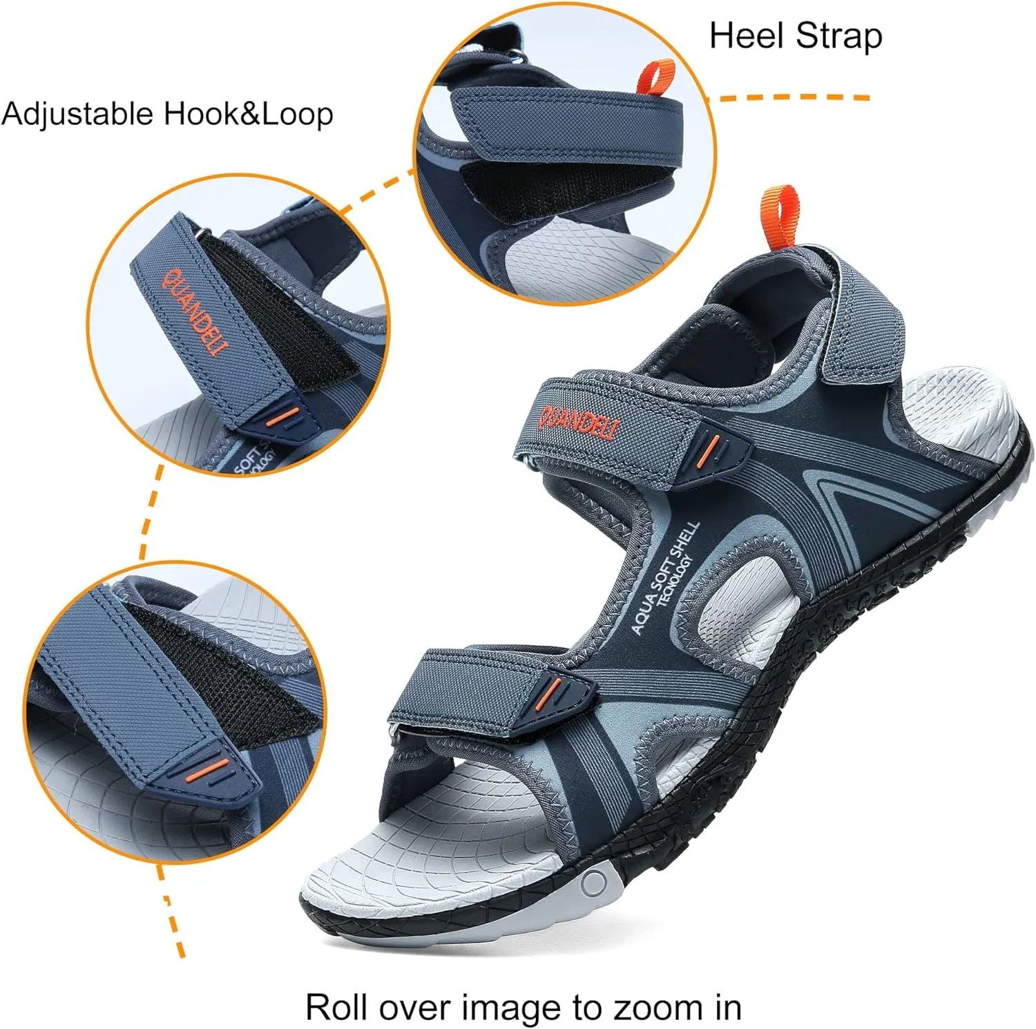 QUANDELI Men's Sport Sandals, Open Toe Water Sandals with Arch Support Waterproof Lightweight Casual Athletic Sandals for Outdoor Beach Travel Summer