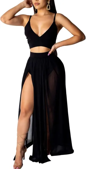 Rela Bota Women's Sexy Summer 2 Piece Maxi Chiffon Dress Crop Top Skirt Set Beachwear Cover Up