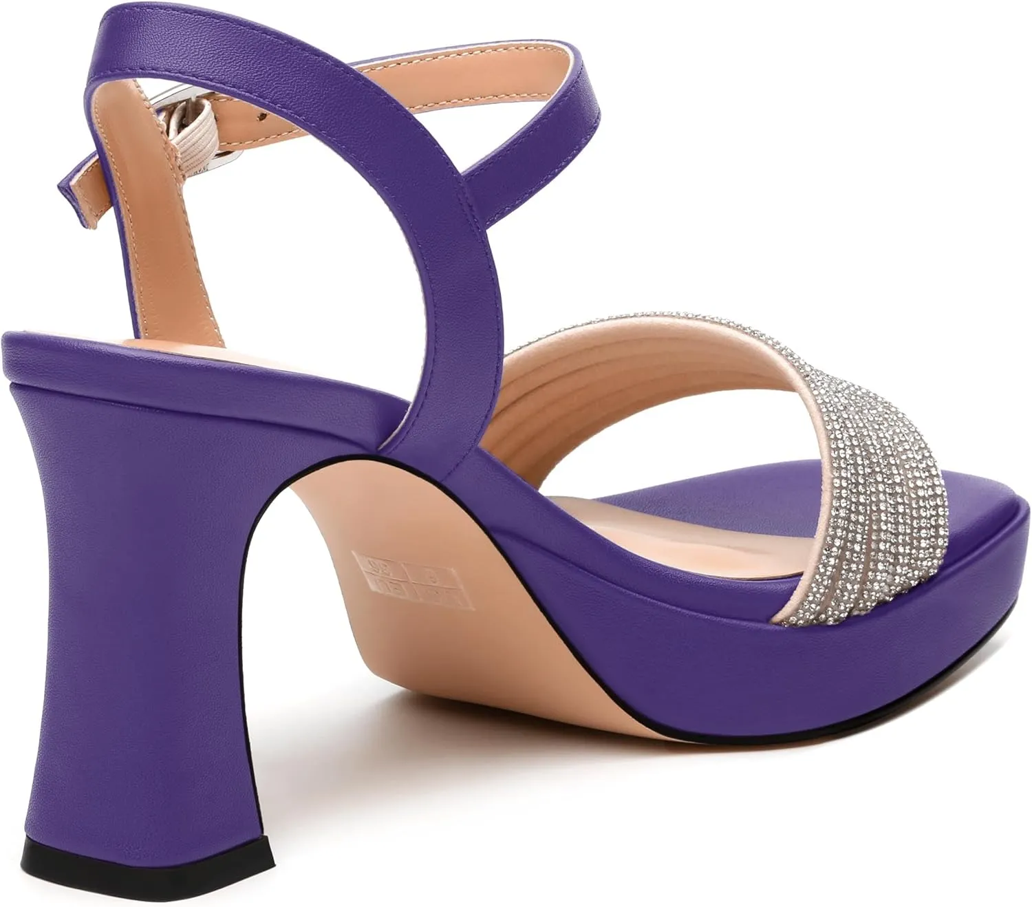Rhinestone Strap Sandals - Square Toe Chunky Platform Heels with Adjustable Buckle, Solid Color Dressy Shoes for Women, All Occasions