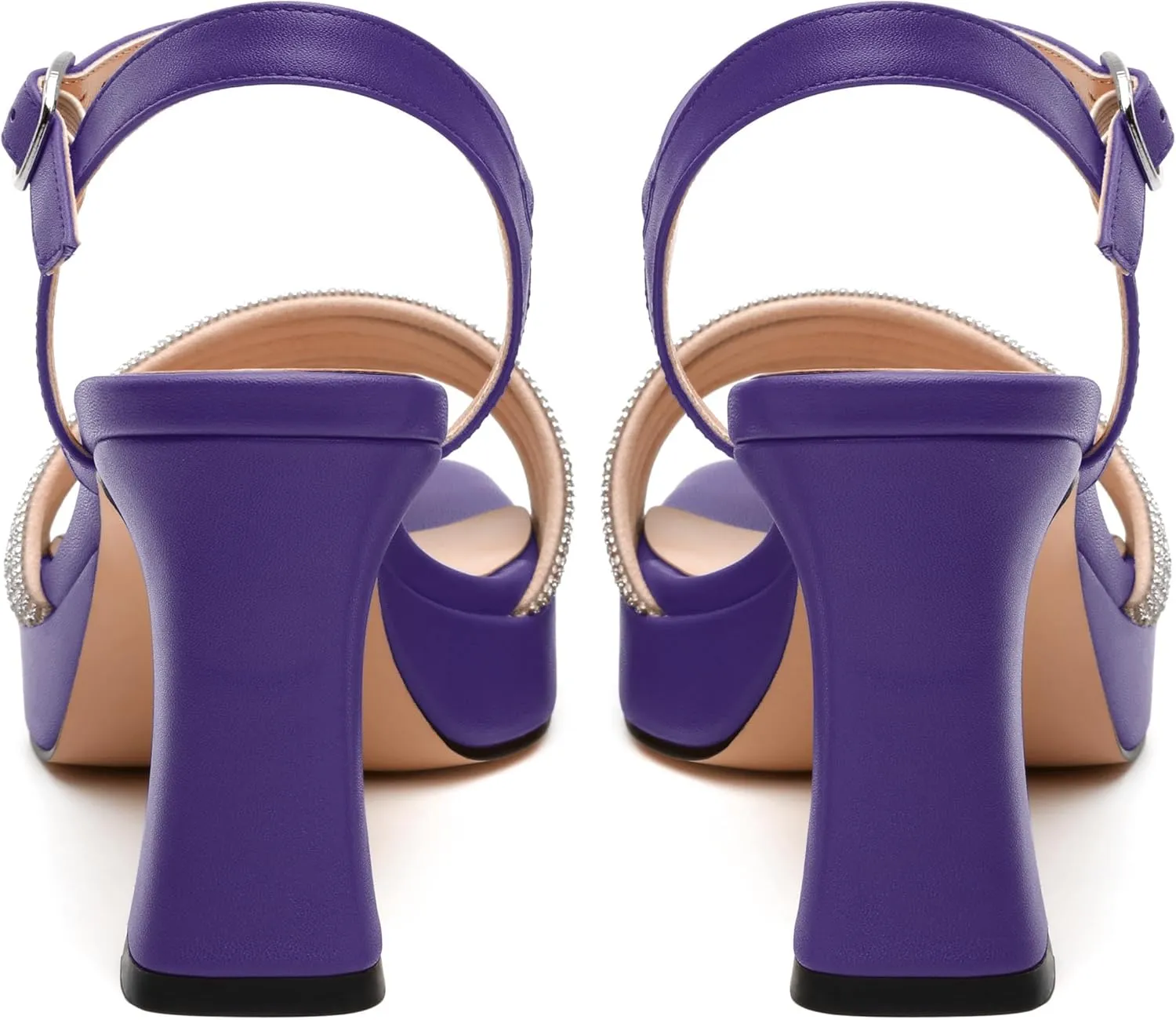 Rhinestone Strap Sandals - Square Toe Chunky Platform Heels with Adjustable Buckle, Solid Color Dressy Shoes for Women, All Occasions