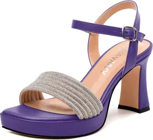 Rhinestone Strap Sandals - Square Toe Chunky Platform Heels with Adjustable Buckle, Solid Color Dressy Shoes for Women, All Occasions
