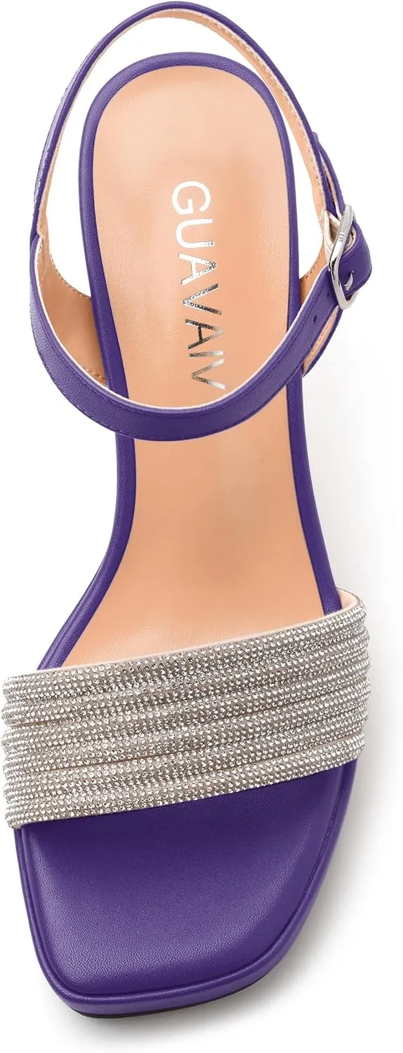 Rhinestone Strap Sandals - Square Toe Chunky Platform Heels with Adjustable Buckle, Solid Color Dressy Shoes for Women, All Occasions
