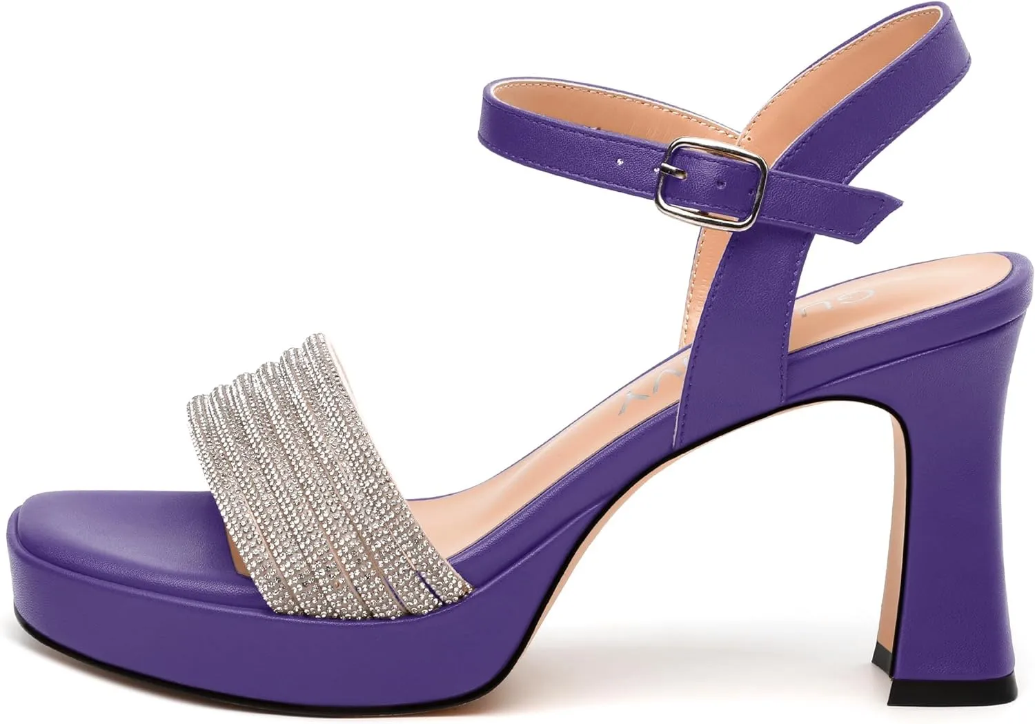 Rhinestone Strap Sandals - Square Toe Chunky Platform Heels with Adjustable Buckle, Solid Color Dressy Shoes for Women, All Occasions