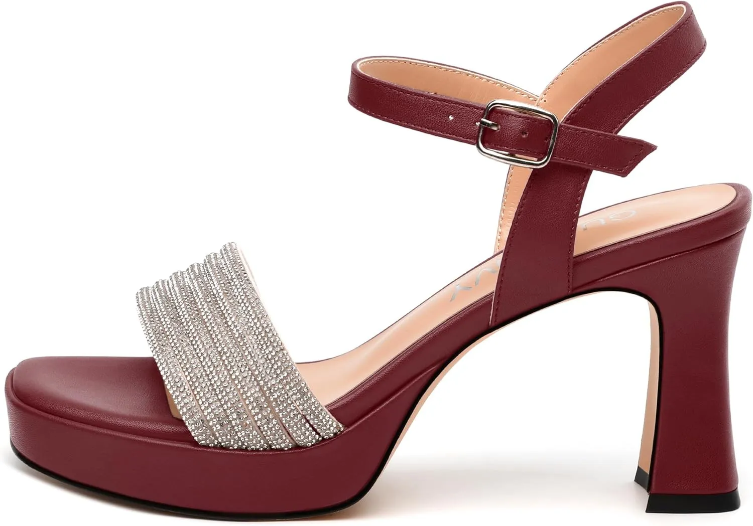 Rhinestone Strap Sandals - Square Toe Chunky Platform Heels with Adjustable Buckle, Solid Color Dressy Shoes for Women, All Occasions