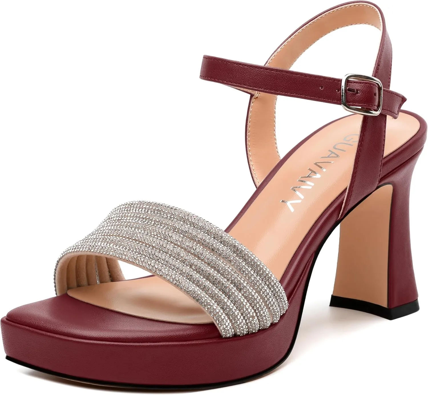 Rhinestone Strap Sandals - Square Toe Chunky Platform Heels with Adjustable Buckle, Solid Color Dressy Shoes for Women, All Occasions