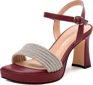 Rhinestone Strap Sandals - Square Toe Chunky Platform Heels with Adjustable Buckle, Solid Color Dressy Shoes for Women, All Occasions