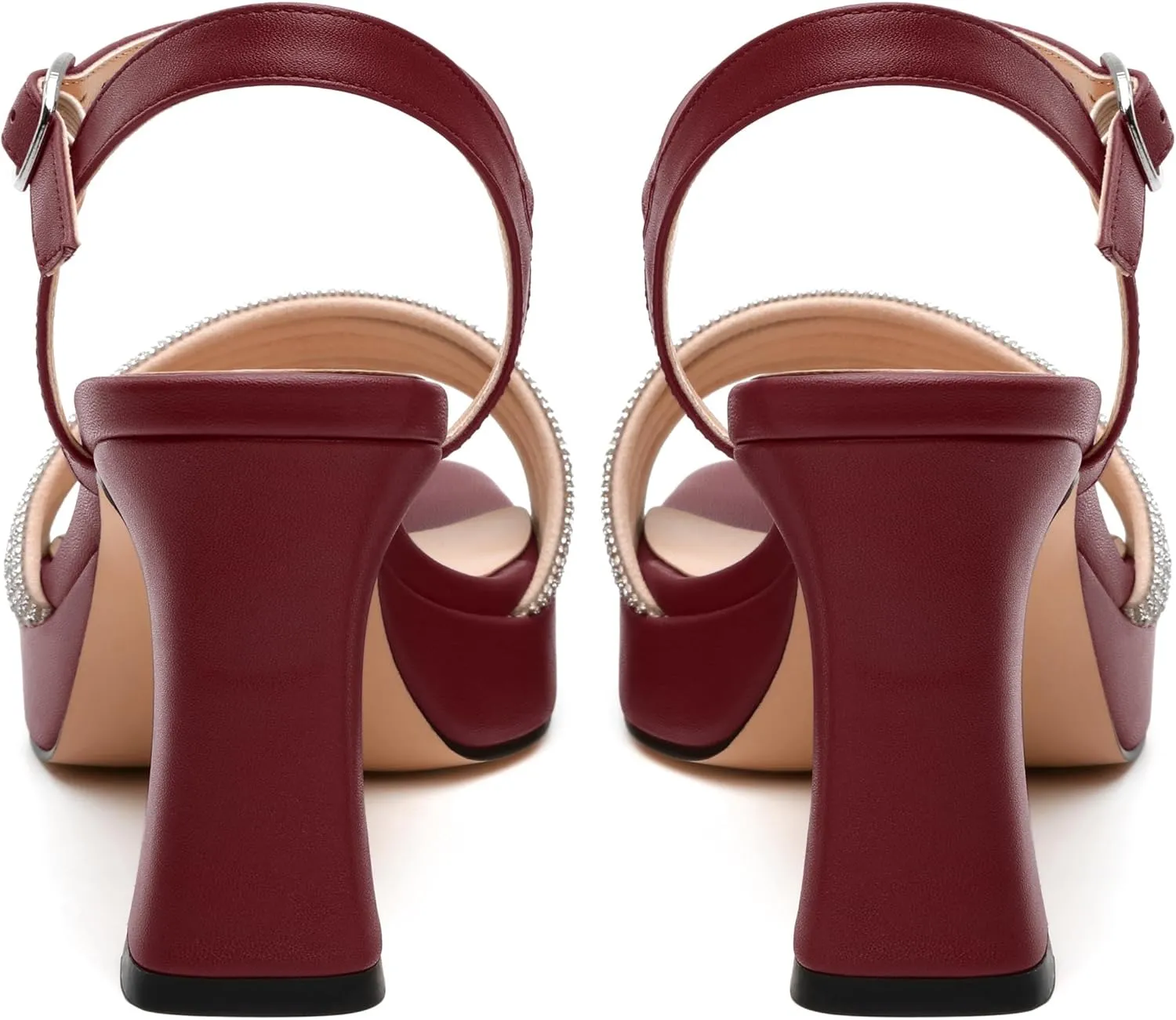 Rhinestone Strap Sandals - Square Toe Chunky Platform Heels with Adjustable Buckle, Solid Color Dressy Shoes for Women, All Occasions