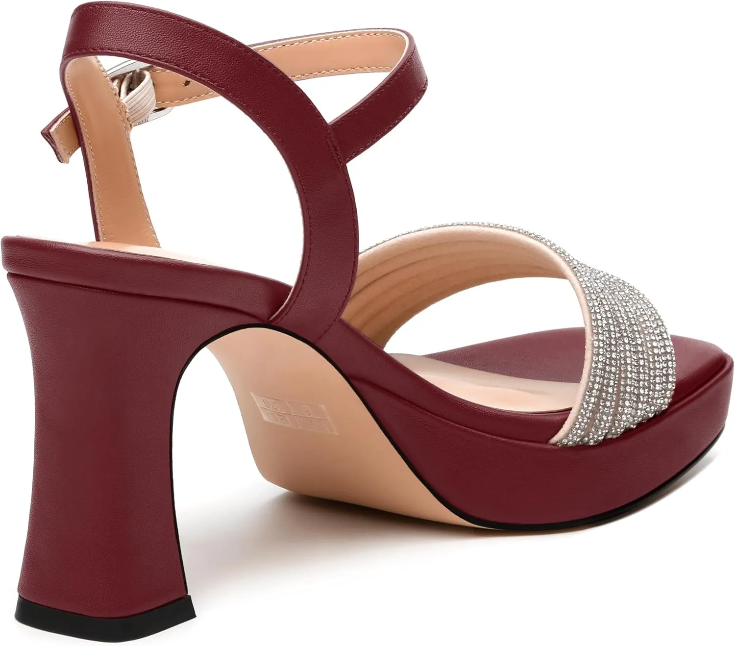 Rhinestone Strap Sandals - Square Toe Chunky Platform Heels with Adjustable Buckle, Solid Color Dressy Shoes for Women, All Occasions