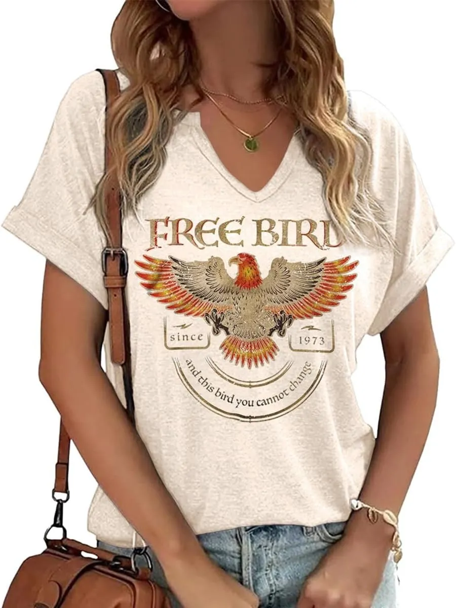 Rock Band T-Shirt for Women V-Neck Country Music Short Sleeved Shirt Retro Nashville Guitar Graphic Hollowed Tee Tops