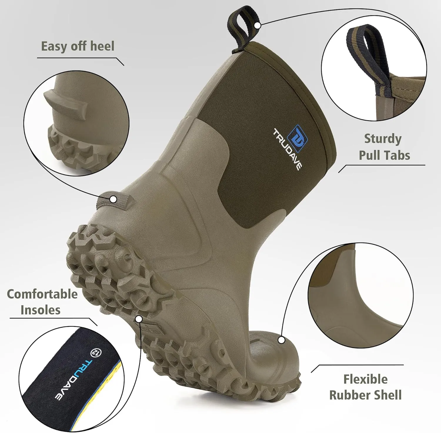 Rubber Boots for Men, 6mm Neoprene Insulated Mud Boots with Steel Shank, Men's Mid Calf Waterproof Rain Boots,Anti-Slip Rubber Work Boots for Farming Gardening Fishing,Size 7-13