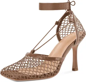 SAMMITOP Women's Square Toe Mesh Lace Up Strappy Sexy Heels Sandals Stiletto High Heel Closed Toe Summer Dress Shoes 3.5 Inch