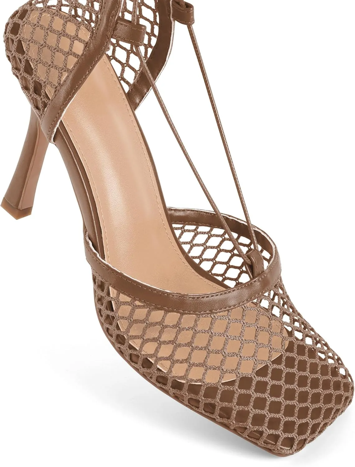 SAMMITOP Women's Square Toe Mesh Lace Up Strappy Sexy Heels Sandals Stiletto High Heel Closed Toe Summer Dress Shoes 3.5 Inch