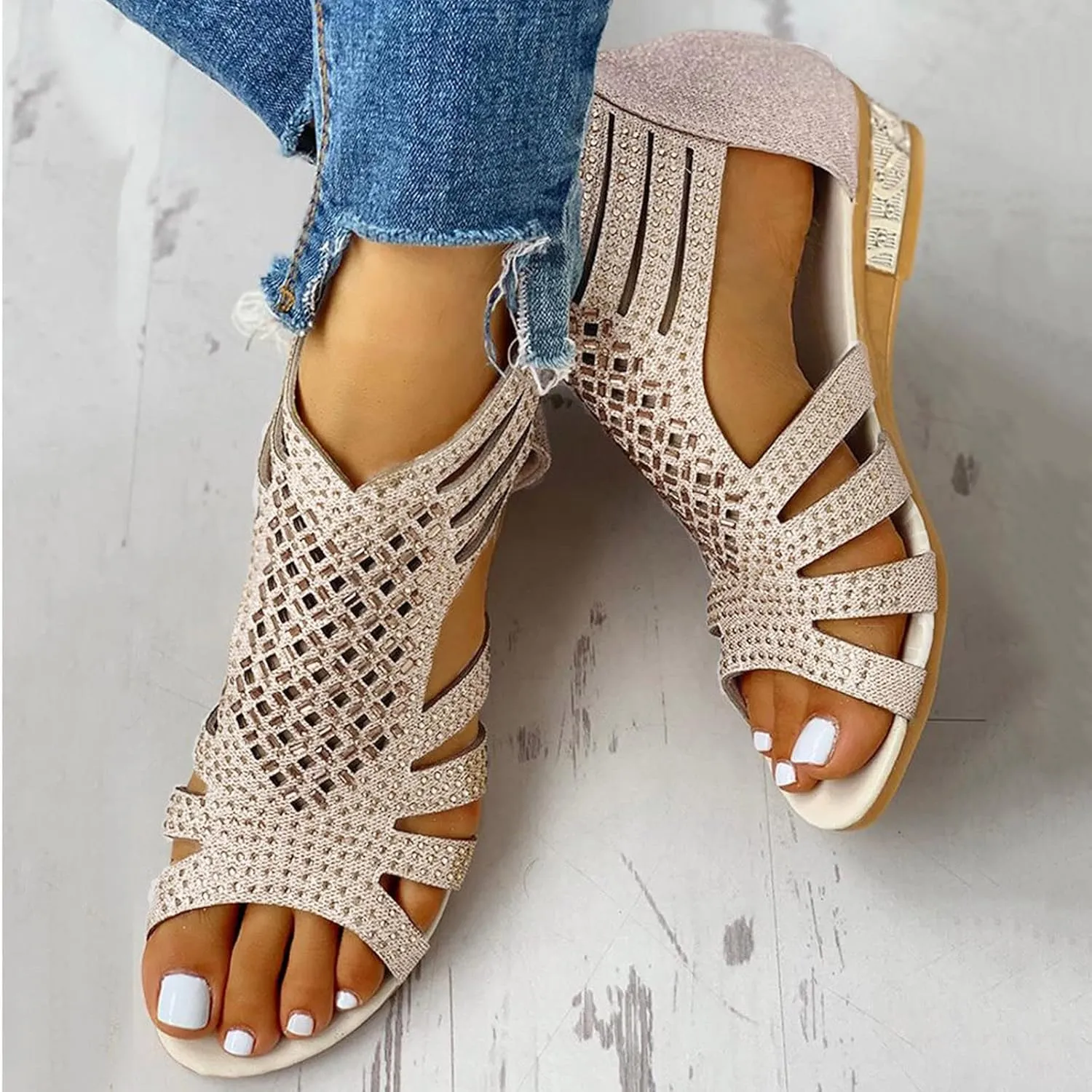 Sandals for Women Dressy Summer, Sandals Women Summer Casual Fashion Beaded Buckle Strap Sandals Beach Flat Flip Flops