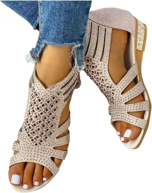 Sandals for Women Dressy Summer, Sandals Women Summer Casual Fashion Beaded Buckle Strap Sandals Beach Flat Flip Flops